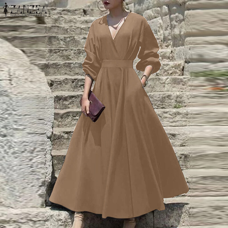 ZANZEA Womens Puff Long Sleeve V Neck Plain Fashion Party Evening Swing Maxi Dress #11